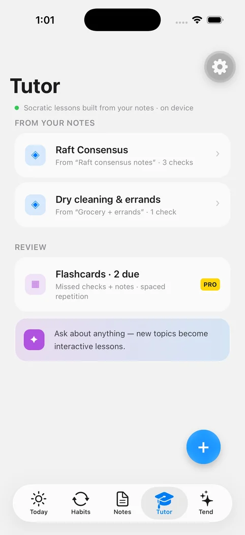 Distill tutor view showing lessons generated from notes