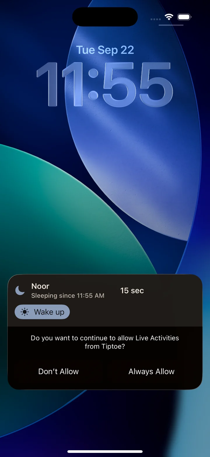 Lock screen Live Activity for an ongoing sleep session in Tiptoe