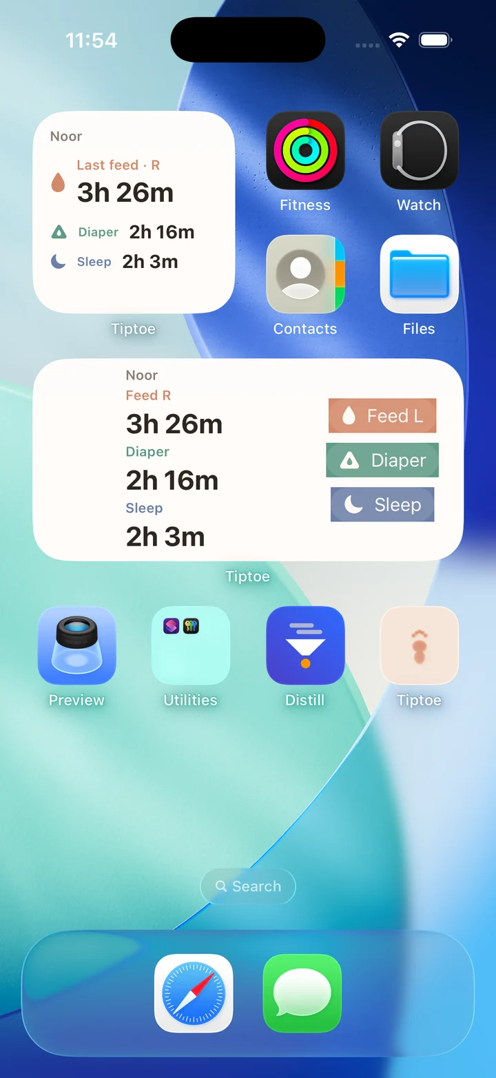iPhone home screen showing free Tiptoe widgets in place